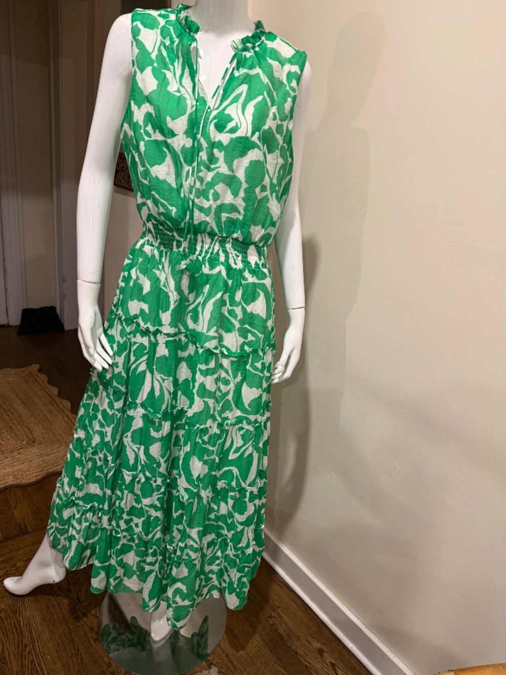 MSK Green White Floral Tiered Maxi Dress Smocked Waist Size L